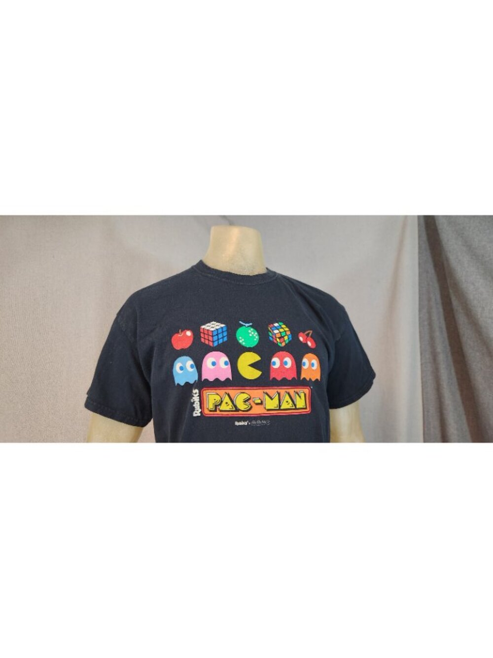 Brisco Rubiks Cube Pac Man 80s Graphic Print LARGE Crew Sh Slv T Shirt Top USED - Picture 2 of 6
